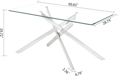 61" Rectangle Glass Dining Table for 4-6, Luxury Kitchen Table with Tempered Glass Top and Silver Metal Cross Legs, Modern Glass Dinner Table for Kitchen Dining Room Small Apartment