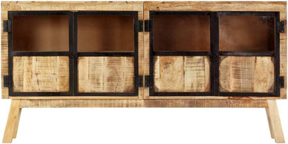 Industrial Style Solid Mango Wood Sideboard with Brown Finish and Black Accents, 63 Inch Length for Ample Storage, Durable Furniture for Living Room or Dining Area, Unique