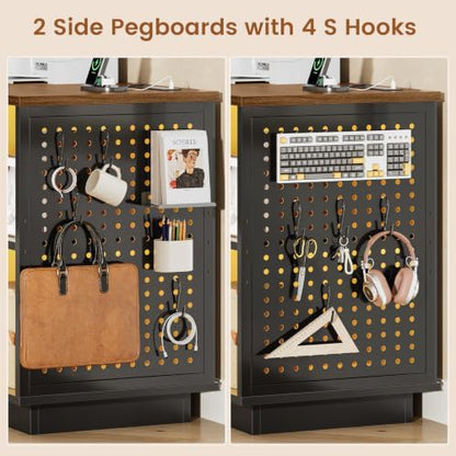 SEDETA 55" File Cabinet with Lock, Large 3 Drawers Filing Cabinets for Home Office, Lockable Printer Stand with Storage, Power Strip, LED Light & Pegboard, Black + Brown