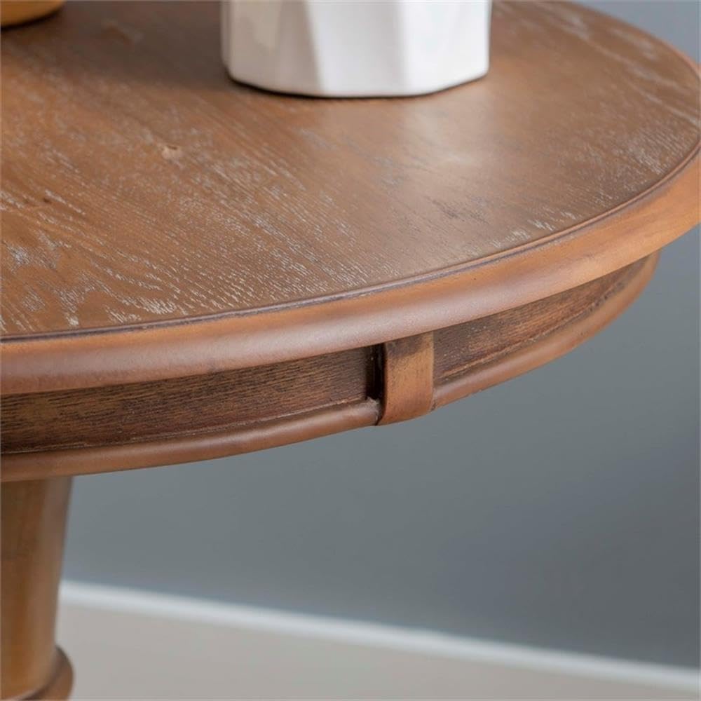 MAKLAINE Round Accent Table, 26.5" High, Engineered Wood, Rustic Natural Finish, Turned Pedestal, Stepped Base, Compact Design, Decorative Display or End Table for Living Room, Bedroom, Small Spaces