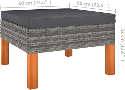 vidaXL Outdoor Footstool - Gray Poly Rattan and Solid Eucalyptus - Steel Frame with Removable and Washable Cushion Cover