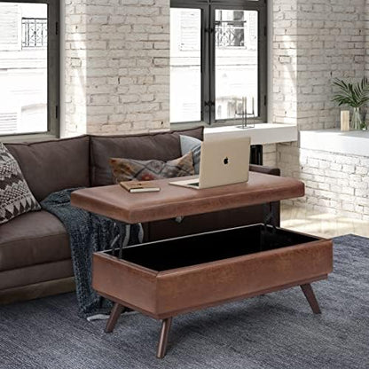 SIMPLIHOME Owen 42" Wide Vegan Leather Lift Top Ottoman in Saddle Brown | Distressed saddle brown, mid-century modern lift-top ottoman with storage for living room; rectangle footstool or pouf.