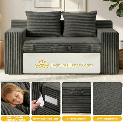 Couch, Loveseat Sleeper Sofa Bed – 3-in-1 Convertible Couch Bed with Side Pockets & Handle,Pull Out Corduroy Futon for Small Space,Living Room & Bedroom,2 Pillows Included,No Assembly