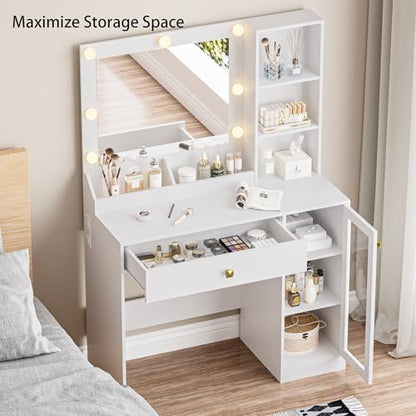 BORNOON Small Vanity Desk with Mirror and Lights, Makeup Vanity Desk with Adjustable Brightness 3 Light Modes, RGB Storage Cabinet, Power Outlet, Drawer, Shelves, Vanity Table for Women Girls Bedroom