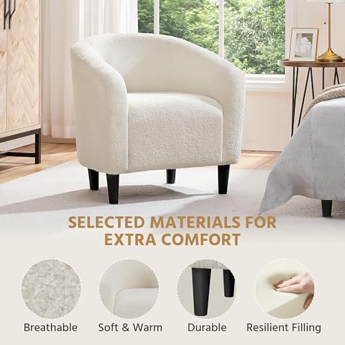 Yaheetech Small 25.5in Wide Sherpa Barrel Accent Chair for Bedroom, Ivory | Compact Cozy Barrel Chairs with a Curved Silhouette, Upholstered Furry Armchair for Small Spaces, Living Room Bedroom Corner