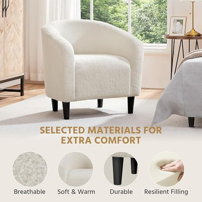 Yaheetech Small 25.5in Wide Sherpa Barrel Accent Chair for Bedroom, Ivory | Compact Cozy Barrel Chairs with a Curved Silhouette, Upholstered Furry Armchair for Small Spaces, Living Room Bedroom Corner