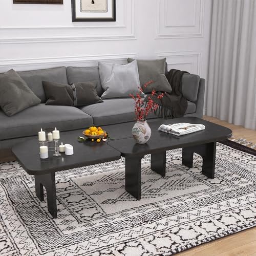 53.15" Antique Black Wood Nesting Coffee Table Set | 70.86 Inch Extended Length; Smooth Easy-Clean Surface; Space-Saving Modern Center Table for Living Room and Small Apartments