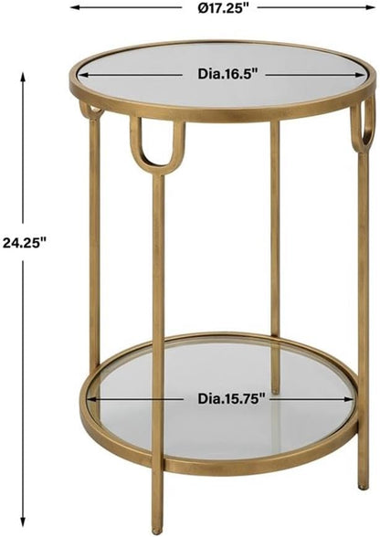 BOWERY HILL Round Two-Tier Iron Accent Table, Antique Gold Finish, Mirrored Top and Tempered Glass Shelf, 24.25" H x 17.25" W x 17.25" D, Elegant Design for Living Room or Bedroom Decor