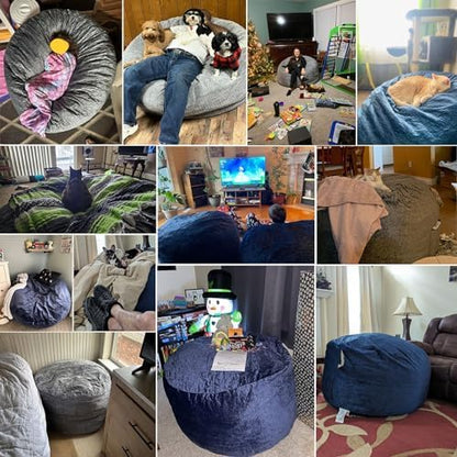 3 Ft Bean Bag Chair,Bean Bag Chairs for Living Room,3 Foot,Dark Grey | Bean Bag Chairs for Adults,Memory Foam Filling,Beanbag with Filler Included,Soft Velvet Cover,Pocket & Pull-Handle