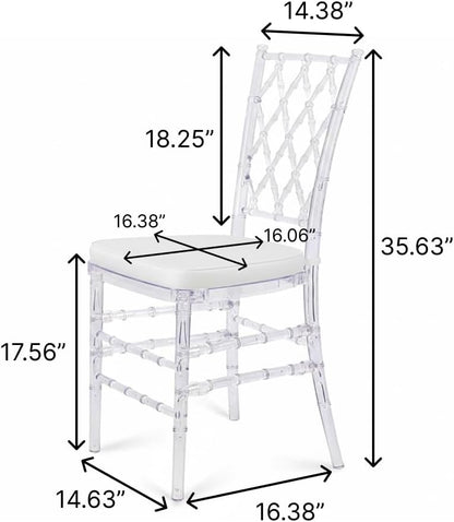 FOHFurniture Set of 3 Clear Acrylic Chiavari Chairs with Cushions, Fully Assembled Transparent Crystal Dining Chair, Accent Event Ghost Chairs for Wedding Event Reception (Clear(Grid))