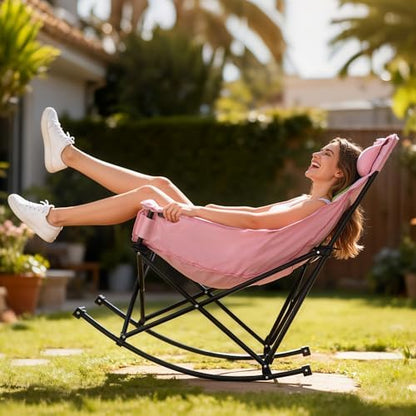 Oversized Rocking Camping Chair for Adults with Headrest, Portable Rocking Chair with Cup Holder, Side Pocket & Carry Bag, Heavy Duty Outdoor Rocker Chair for Camp, Patio, Pink