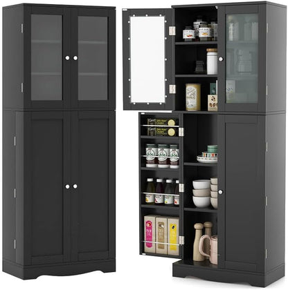 LOKO 63.5" Tall Kitchen Pantry Storage Cabinet, Freestanding Food Storage Cabinet with Glass Doors, Storage Shelves & Door Racks, Modern Cupboard for Dining Room, Living Room (Black)