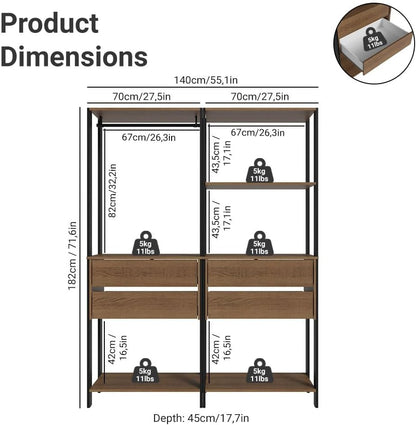 Madesa Kitchen Pantry Storage Rack with 4 Drawers, 5 Shelves and Hanging Space 55" L Multiuse Modular Cabinet for Kitchen Organization - Black/Brown