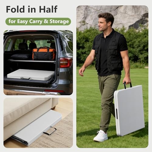 Folding Dining Table Set for 6, 6FT Foldable Plastic Table with Carrying Handle & 6 PU Leather Padded Folding Chairs, Portable Table and Chairs Set for Indoor Outdoor, Party, Wedding, Picnic, Camping
