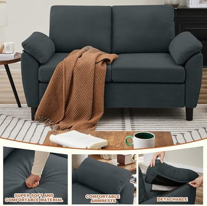 3 Pieces Sectional Sofa Set, 79" Modern L Shaped Couch & 57" Loveseat & 35" Accent Chair, Linen Upholstered Sofa Set with Movable Ottoman, Couches for Living Room, Apartment, Dark Grey