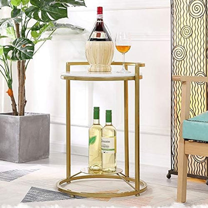 Telephone Table, Side Table Living Room Marble Small Round Table Telephone Table Golden Wrought Iron 2 Layer Corner Table Snack Table，16.9"×21.6" (Color:White)