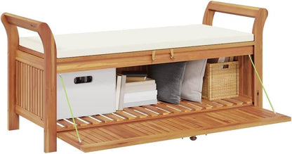 Solid Acacia Wood Patio Storage Bench with Cushion, 49.6 Inch Outdoor Garden Bench with Curved Arms and Ample Storage Space