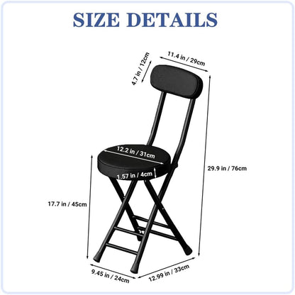 Folding Stool with Back, Padded Leather Round Foldable Stool, Foldable Bar Chairs, Round Portable Collapsible Stool for Gardening Kitchen Camping Cafe Indoor Outdoor,Black
