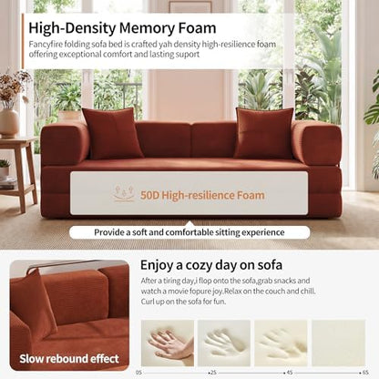 78.8" Couch for Living Room, Futon Sleeper Sofa Bed | Convertible Sofa Bed, Corduroy Pull Out Couch Loveseat with Storage Pocket, Modular Design, No Assembly, Orange