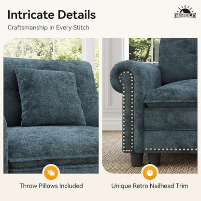 SUNSHINE VALLEY Modular Sectional Sofa and Loveseat Set Living Room 3-Piece | Mid-Century Modern 7-Seater Cloud Couch Set, Cyan, Rolled Arms & Nailhead Trim, Wider Deeper Seats, Chenille Furniture Set
