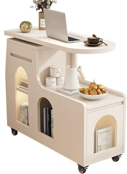 Swivel Trays Side Table with Storage, Mobile End Table on Lockable Wheels, Space-Saving Nightstand Coffee Table for Living Room, Bedroom(White,35.4x15.7x29.5in)