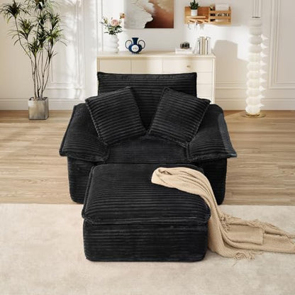 Oversized Chaise Lounge Chair Indoor with Ottoman, Upholstered Corduroy Modern Sofa Chair, Deep Seat Comfy Reading Armchair, Sleeper Sectional Couch for Living Room/Bedroom(47.6"W, Black)