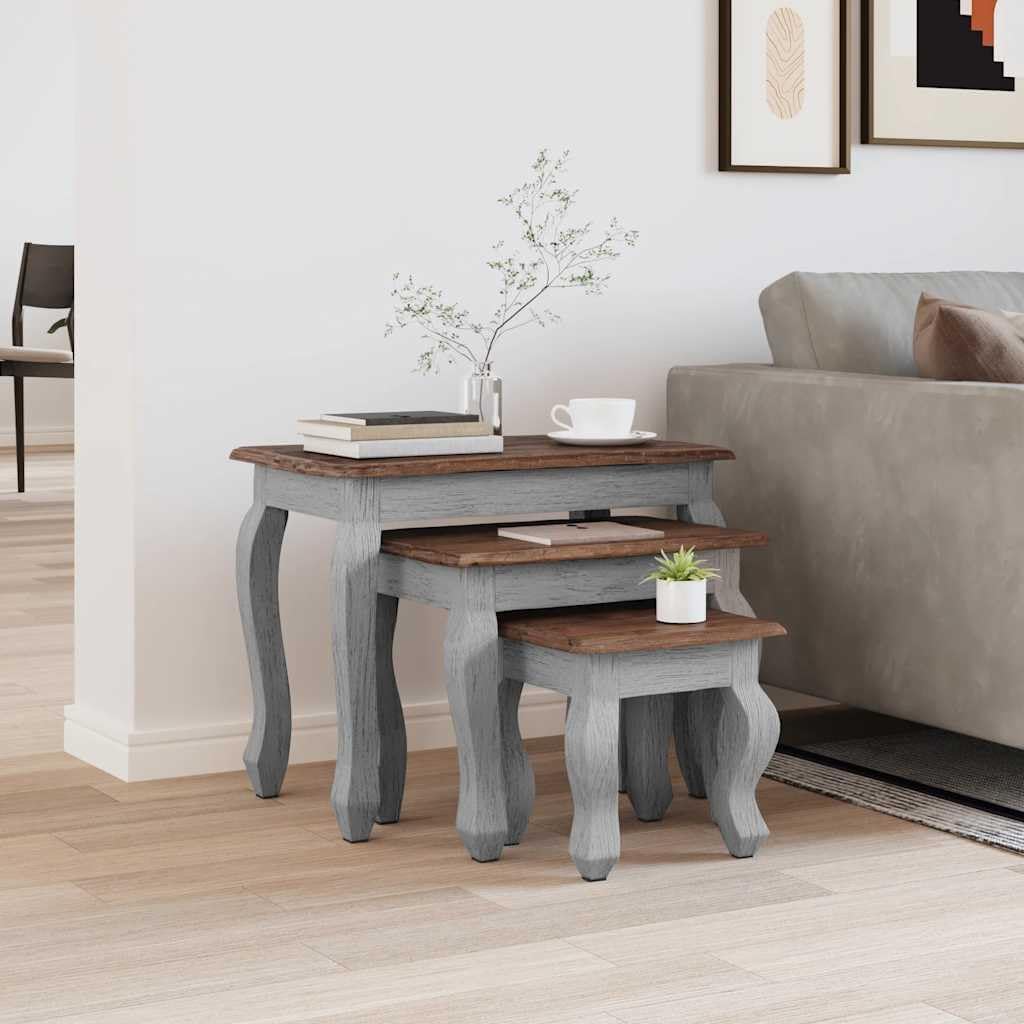 Nesting Table Set 3 Pieces Solid Mahogany Wood | Antique Style, Handmade Vintage, Durable Hardwood, Unique Color Variation for Living Room
