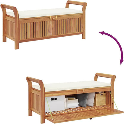 Solid Acacia Wood Patio Storage Bench with Cushion, 49.6 Inch Outdoor Garden Bench with Curved Arms and Ample Storage Space