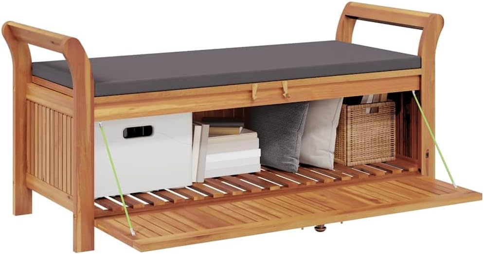Solid Acacia Wood Garden Storage Bench with Dark Grey Cushion, Outdoor Patio Seat with Under-Seat Storage, Oiled Finish for Weather Protection, Easy Assembly