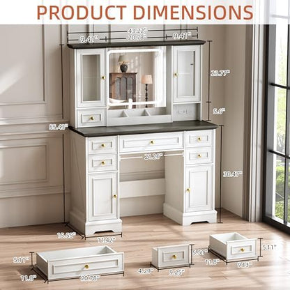 Vanity Desk with Mirror & Lights, Makeup Vanity with Power Outlet & USB Ports, Farmhouse Dressing Table, 6 Drawers & 4 Storage Cabinets, RGB Cabinet Lighting, 3-Color Dimmable Mirror