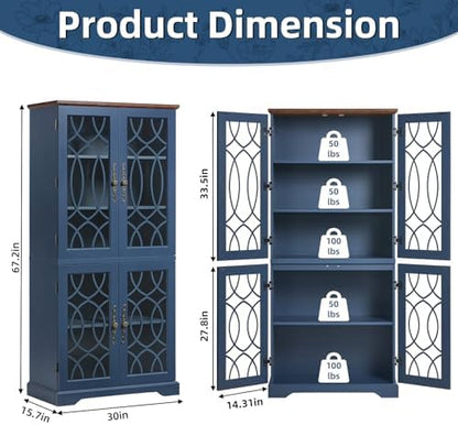 Joaxswe 67" Tall Pantry Cabinet Set of 3, Vintage Kitchen Pantries Cabinets with Glass Doors & Adjustable Shelves, Wood Cupboard with Large Storage for Dining Room, Bathroom, Navy Blue