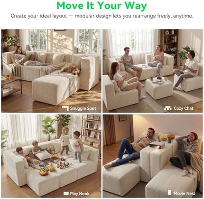MONVANE U Shaped Sectional Couch Oversized, Chenille, Beige | 6-Seat Sectional Couch for Living Room, Modular Cloud Sofa with Ottoman & 6 Throw Pillows, No Assembly Required
