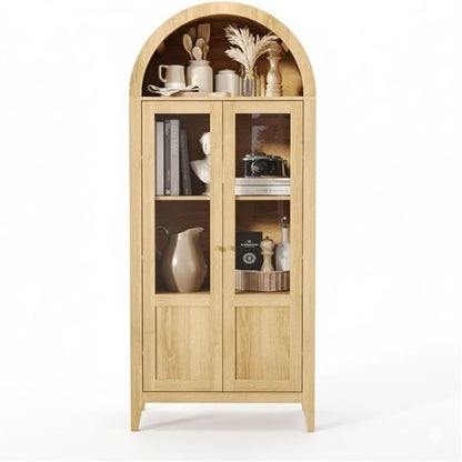 Light Brown Tall Arched Cabinet with Glass Doors Storage Cabinet Engineered Wood Display Cabinet for Kitchen Dining Room Living Room Anti Tip Design