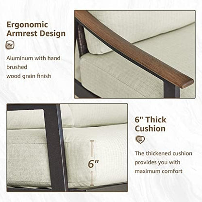 NATURAL EXPRESSIONS Patio Outdoor Chair with Ottoman, Wicker Backrest | 1 Matched Ottoman, Adjustable Feet, Natural Wood-garin Texture Arm, 6" Removable Cushion, Patio Sofa for Porch, Deck, Balcony