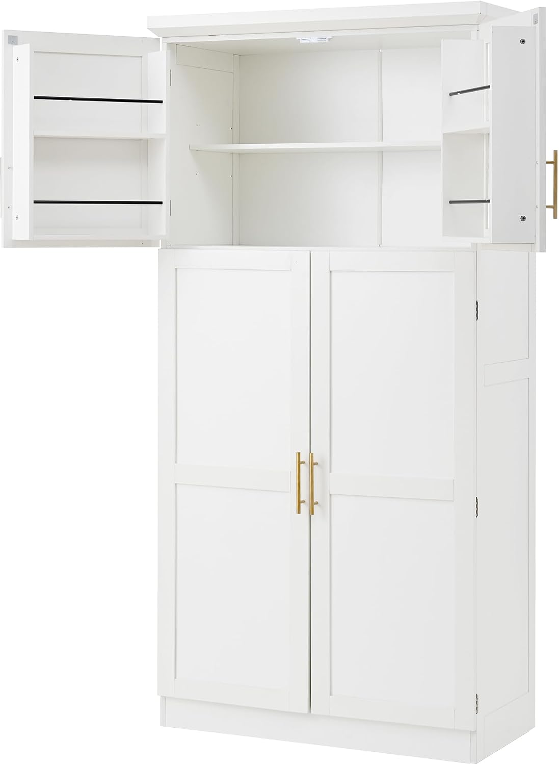 Freestanding Tall Kitchen Pantry Cabinet with 4 Doors and 2 Door Shelves,8 Pull-Out Trays and Adjustable Shelf,for Dining Room (White/F)