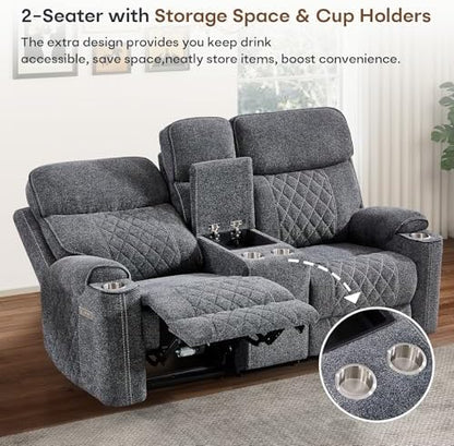 HAOMARKETS 3-Piece Recliner Sofa Set with Charging Ports, Include 2 Power Recliner Chairs and Electric 2-Seater Loveseat Reclining Couch with Hidden Storage and Cup Holders for Living Room, Dark Grey