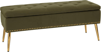 HULALA HOME Modern Velvet Storage Ottoman Bench with Gold Base & Nailhead Trim, Upholstered Bedroom Bench for End of Bed, Button-Tufted Footstool for Entryway Living Room Dining Room, Moss