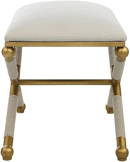 BOWERY HILL Contemporary Small Bench, 24"x17"x20.25", Iron Base Gold Leaf Finish, White Polyester Upholstery, Braided Rope Detailing, Living Room Seating or Accent Piece