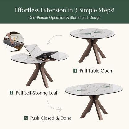 POVISON Modern Extendable Dining Table, 47" to 63" Round to Oval Sintered Stone Kitchen Table with Carbon Steel Pedestal Base for 4-6, White with Bronze(Table Only