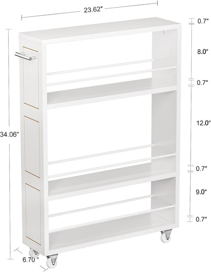 KLM 4 Tier White Slim Storage Cart with Handle, Slide Out Storage Rolling Utility Cart for Kitchen, Laundry, Narrow Places-6.7" W