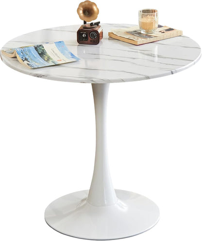 Round Dining Tulip Table for 4, Mid-Century Modern Table with Sturdy Metal Pedestal for Kitchen, Bistro, Cafe, Leisure (Faux Marble White, 31.5 INCH)