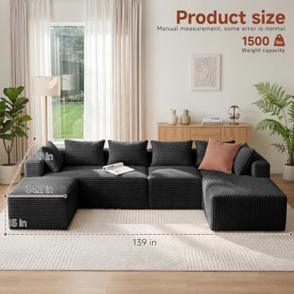 Couch ≈139" U-Shaped Sofa, Modular Sofa in Living Room Comfy Corduroy Fluffy Couch with Deep Seat and Side Pockets, Flexible Module Combination for Living Room (Black, 139IN)