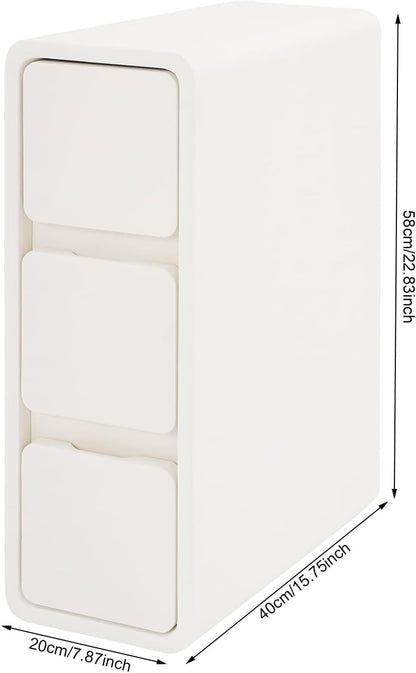 Solid Wood End Table, Narrow Bedside Table with 3 Drawers w/Leather Surface for Bedroom, Small Spaces, Living Room, Off-White