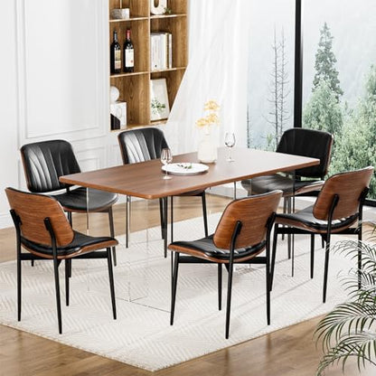 YaFiti Dining Chairs Set of 2, Mid Century Modern PU Leather Kitchen Chairs | Ergonomic Walnut Backrest, Upholstered Waterproof Faux Leather Seat, Stable Metal Legs, Adjustable Footpads, Black Scallop
