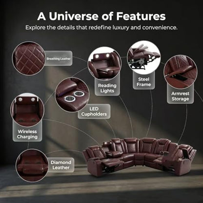 A Ainehome Power LED Reclining Sectional Sofa Set, Living Room Power Recliner Adjustable Sofa, Loveseat and Chair with Storage Console for Home/Office(A-Brown)
