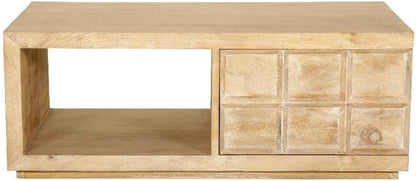 Pemberly Row 3Pc Wood Cocktail and End Table Set, Bleached Natural Finish, Mango Wood, Includes Storage Drawers and Shelves, Rectangular Coffee Table with Casters, Living Room Furniture Set