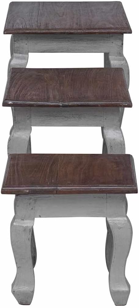 Nesting Table Set 3 Pieces Solid Mahogany Wood | Antique Style, Handmade Vintage, Durable Hardwood, Unique Color Variation for Living Room