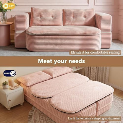78.7" Futon Sofa Bed, Memory Foam Convertible Couch, Pink | Sophisticated comfort with premium corduroy, one-flip conversion, built-in blanket, and ergonomic support