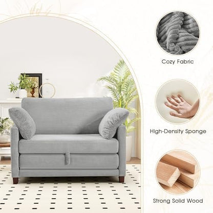 51" Convertible Loveseat Sofa Bed, 2-in-1 Folding Sofa Bed with 2 Pillow for Small Spaces, Modern Loveseat Sleeper Couch for Apartment, Living Room & Guest Room (Light Grey Corduroy, 51 inch)
