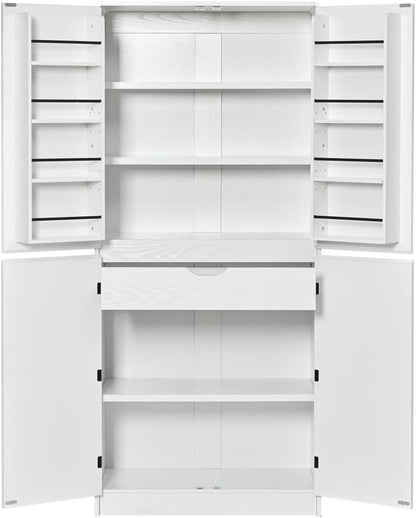 72" Tall Kitchen Pantry with Hidden Drawer, 8 Door Shelves & 3 Adjustable Shelves Farmhouse Cabinet, Versatile Cupboard for Kitchen, Dining & Bathroom (White)